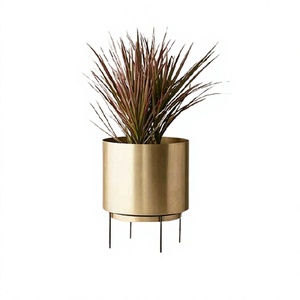 Pot de fleurs en métal couleur or avec support en fer, qualité exclusive, forme ronde, pour la décoration de jardin. - Product Image 1
