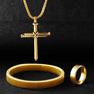 Wholesale Retro Cross Necklace <b>Bangle</b> Ring Set Gold Plated Religion Cross Jewelry Set for <b>Men</b> Fashion - Product Image 1