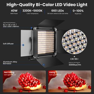 3200-5600K CRI 96 + lumière à intensité variable avec support en U et Barndoor <span class=keywords><strong>NEEWER</strong></span> <span class=keywords><strong>2</strong></span> Pack Bi Color 660 LED Video Light and Stand Kit - Product Image 2