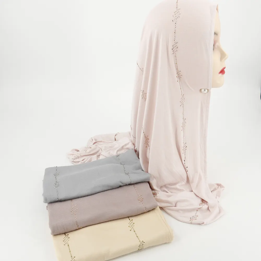 Groothandel Hot Producten Stretch Zachte Jersey Instant Hijaabs Sjaal Met Strass Voor Moslim Sjaal