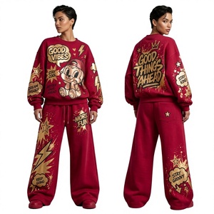 Ensemble de survêtement pour femme, motif dessin animé rouge, sweat-shirt oversize, pantalon large, streetwear décontracté, tenue deux pièces - Product Image 1