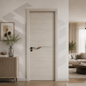 Puerta <span class=keywords><strong>de</strong></span> WPC Laminada con Película <span class=keywords><strong>de</strong></span> PVC con Franja <span class=keywords><strong>de</strong></span> Acero Inoxidable, Decoración <span class=keywords><strong>de</strong></span> Línea Negra, <span class=keywords><strong>Color</strong></span> Personalizado, Puerta Interior Impermeable para Villa - Product Image 1