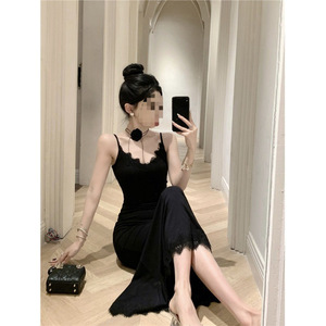 Slim Fitting Lace Bodycon Dress Women Spring Autumn Sleeveless Strapless Sheath Long Skirt Black Solid Color - Product Image 1
