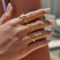 Cincin Terbuka Berlapis Emas untuk Wanita, Set Cincin Bintang Laut & Kerang, Desain Berongga, Perhiasan Pantai Musim Panas