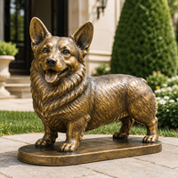 Statue de Corgi grandeur nature en bronze, sculpture en métal moulé brun antique avec base intégrée pour entrée de villa de luxe ou jardin
