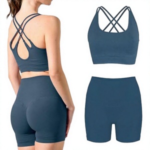 Pink Solid Ribbed Breathable Backless Crop Top Long Sleeves High Waist <b>Leggings</b> 2 Piece Yoga Set <b>Seamless</b> Ruched Full Length - Product Image 3