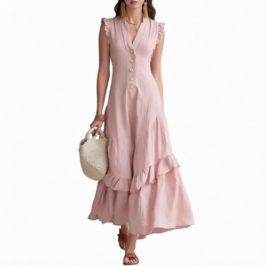 Robe longue rose unie naturelle sans manches à col en V avec volants et boutons sur le devant, style bohème ample, tenue décontractée d'été pour femme - Product Image 1