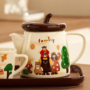 Service à thé familial en céramique avec théière, coffret cadeau et plateau, idéal pour un cadeau de pendaison de crémaillère, ensemble de tasses à café - Product Image 4