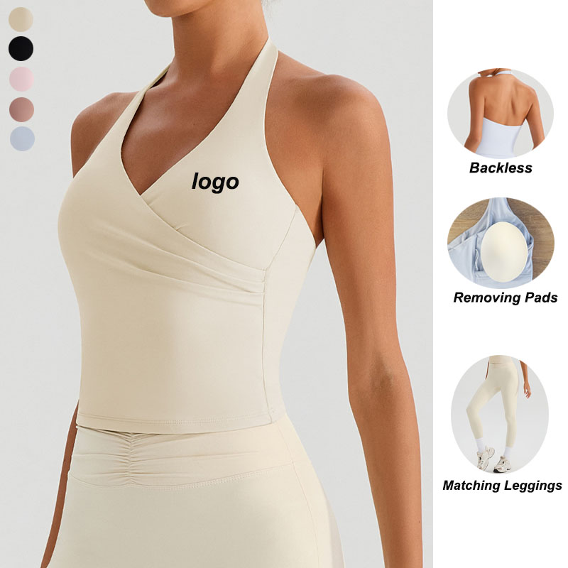 Wholesale Yoga Women's Tank Top Halter Pleated Vest Gym Outfits Sleeveless Tight Quick Dry Crop Tops Running Clothes for Women