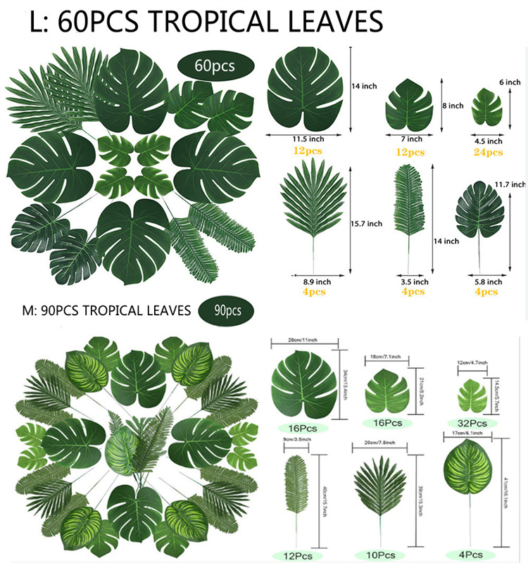 Hot Selling 3 sizes Tropical Artificial  Palm leaves for  Hawaii  Birthday Party Wedding Table Decoration