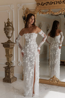 Gaun Malam Putih Khusus Model Off Shoulder dengan Belahan Tinggi di Samping, Gaun Pengantin Berenda dengan Tali di Punggung, Panjang Lantai, Hiasan Bunga 3D