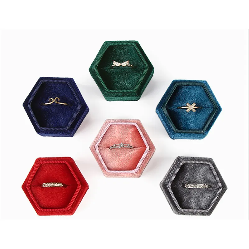 PAVA-caja de anillo hexagonal de terciopelo, joyería de terciopelo personalizada de fábrica, caja de anillo de terciopelo de boda