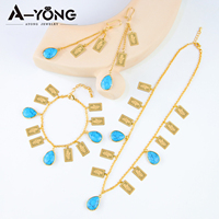 Parures de bijoux colorées en gros, ensemble de bijoux en or 18 carats avec pièce de monnaie carrée en forme de rose, design Dubaï, vintage, pièce de monnaie turquoise, ensemble de 3 pièces pour mariage