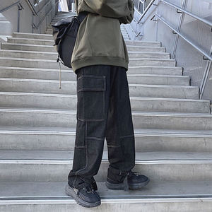 Pantalones vaqueros holgados rectos al por mayor para hombre, jeans personalizados de moda casual para hombre, pantalones de mezclilla de cintura media, jeans cargo de color sólido con costuras. - Product Image 4