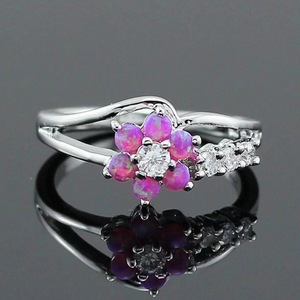 Anillo de Ópalo con Forma de Flor y Diamantes, Joyería de Moda para Mujer, Regalo, Blanco, Azul Real, Violeta Oscuro, Engaste de Garras - Product Image 3