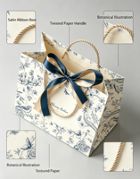 Sac en papier multi-tailles bleu brume, style vintage français, motif floral et oiseaux, fermeture magnétique, matériaux recyclés, sac cadeau