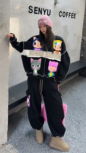 Ensemble pantalon cargo et sweat-shirt à patchwork de dessins animés doublé en polaire pour femmes, taille plus, design décontracté ample, deux pièces pour l'automne et l'hiver 0634 - Product Image 6