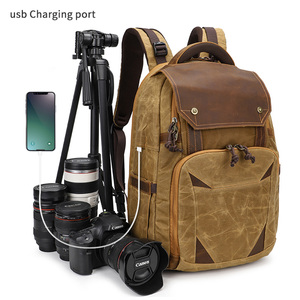 Ba lô du lịch đựng máy ảnh, laptop bằng vải bố phủ sáp da cổ điển, dung tích lớn, chuyên dụng cho nhiếp ảnh, có cổng USB - Product Image 5