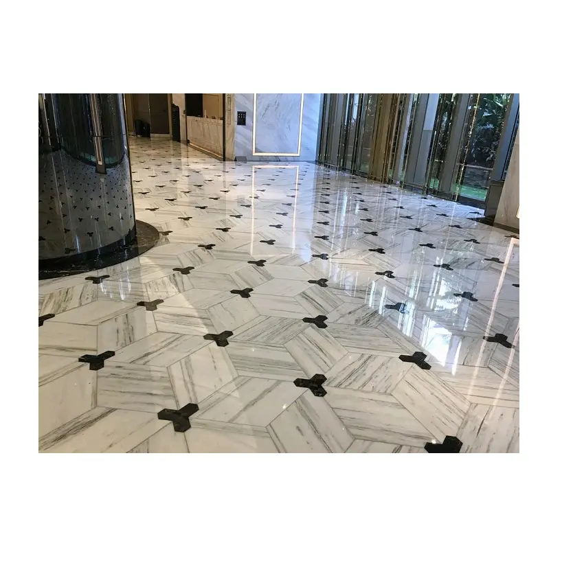 Oem Aangepaste Project Natuursteen Vloeren Tegel Patroon Waterjet Zwart En Wit Marmer Mozaïek