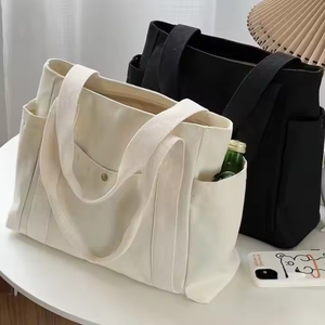 Sac fourre-tout en toile de coton multi-poches avec <span class=keywords><strong>porte</strong></span>-bouteille latéral, poche avant à bouton-pression, grande capacité pour documents A4 - Product Image 2