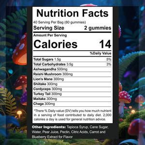 Gomitas de setas orgánicas con Cordyceps, melena de León, y Ashwagandha Reishi, venta al por mayor, Etiqueta Privada, servicio OEM ODM - Product Image 2