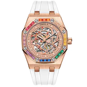 Onola 3834 Mode Heren Mechanische Horloges Luxe Waterdichte Regenboog Ijs Diamant Sport Siliconen Band Automatische Polshorloges Jongen