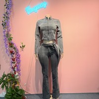 Setelan Denim lengan panjang wanita, jaket kurus trendi dua potong, Set pakaian jalanan