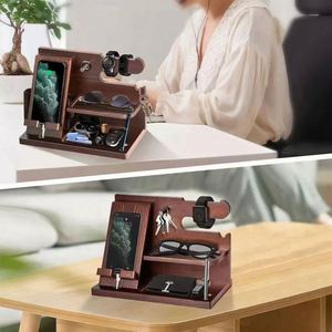 USA Mairun Brown Classic Iron Wood Ash Valet Tray Nightstand Organizer Three-Layer <b>Foldable</b> Standing Type Storage for Living - Product Image 3