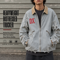 Veste Detroit en denim gris délavé personnalisée 420 g/m² avec détails de vieillissement prononcé et col en velours côtelé à éclaboussures blanches, style streetwear OEM ODM