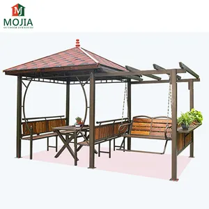 Gazebo de metal à prova d'água, conjunto de mesa de fibra de vidro com assento de balanço e jardim para áreas externas duráveis