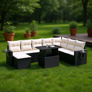 Ensemble de canapés de jardin en rotin noir avec coussins crème, mobilier d'extérieur au design contemporain, résistant à l'eau et aux UV, en rotin PE - Product Image 2