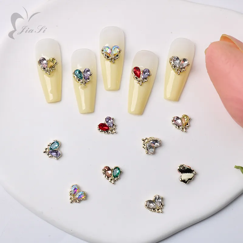 Luxury Designer Gold Metal Alloy Hearts 3D Nail Art Rhinestone Decorations Nail Diamond