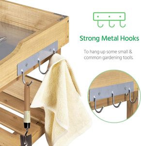 Table de jardin <span class=keywords><strong>en</strong></span> bois pour la horticulture avec plateau <span class=keywords><strong>en</strong></span> métal, étagère de rangement et 3 crochets, peinte - Product Image 6