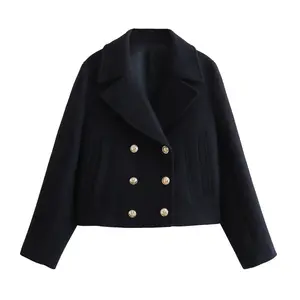 노치 칼라 블랙 컬러 더블 브레스트 긴 소매 캐주얼 패션 여성 우아한 재킷