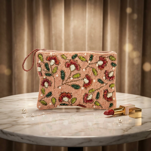 Pochette rectangulaire légère en tissu floral brodé de perles faite à la main avec chaîne détachable pour mariages/événements du soir - Product Image 1