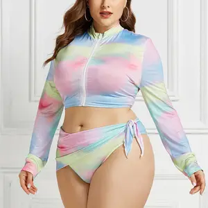 Plus Long Sleeve Zip Fly Rash Guard 3 Piece Swimsuit/