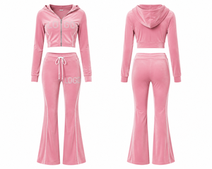 Ensemble de vêtements pour femmes Y2K personnalisé, sweat à capuche court zippé en velours avec logo en strass, pantalon évasé, ensemble de survêtement deux pièces, vente en gros - Product Image 2