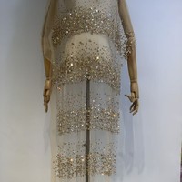 Tissu en tulle rayé de luxe avec perles et strass lourds pour robe de mariée et costume de scène