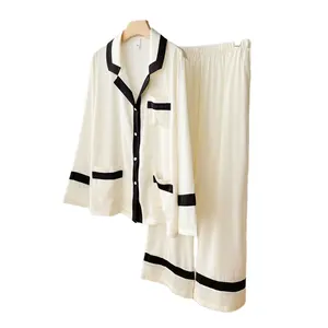 高品质缎面睡衣秋季薄女士真丝睡衣休闲拼接纯色长袖长裤pj套装