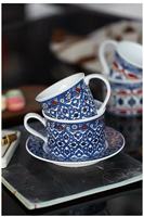 Ensemble tasse et soucoupe à café en céramique, motif ethnique bleu, design européen, porcelaine vintage d'origine Jiangxi, pour la décoration de la maison et des cafés