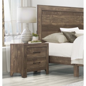 Comodino con finitura marrone rustico con 2 cassetti e ferramenta in metallo nero, mobili per camera da letto - Product Image 4