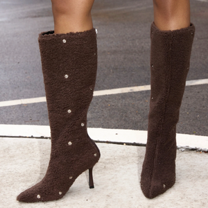 Womens Stiletto Pointed Toe High Heel Brown <strong>Sherpa</strong> Folded Detail Fur <strong>Boots</strong> - Product Image 5