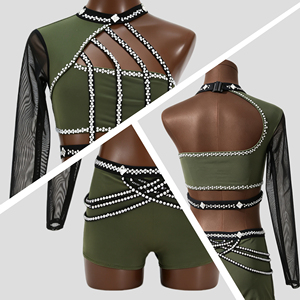 Conjunto de Top Corto y Pantalones Cortos de Danza Contemporánea Verde Oliva con Pedrería, Manga de Malla, para Actuaciones Líricas en Escenario, para Adultos - Product Image 2