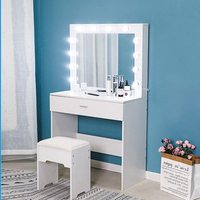 Ensemble coiffeuse moderne en verre avec prise de courant, coiffeuse réglable à 3 couleurs d'éclairage pour chambre à coucher