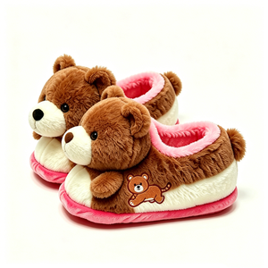 Customized Cute <b>Bear</b> Plush Slippers With Embroidered Design <b>Pink</b> And Brown Unisex Indoor Wear - Product Image 2