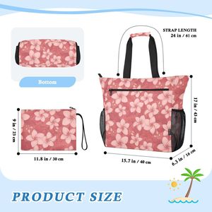 Bolso de playa grande 2 en 1 personalizado con estampado floral rosa, de poliéster, para mujer, con bolsillo frontal, cierre de cremallera y bolsillo de malla. - Product Image 6
