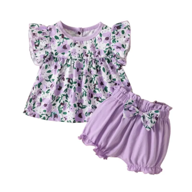 Popular 2pcs/set Summer Children's Clothing Wear Floral Print Bow Shorts Set For Baby Infant Girls Kids Clothes
