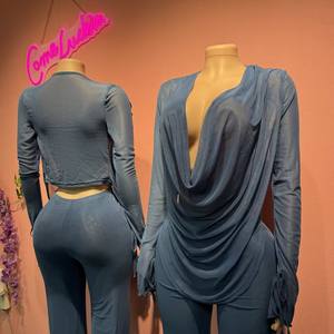 Elegante Completo Primaverile da Donna, Sexy Camicia con Scollo a V Profondo in Rete e Pantaloni Lunghi, Set 2 Pezzi Femminile Autunnale - Product Image 4