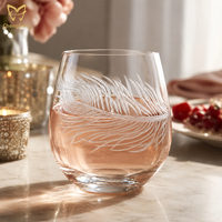 Verre à vin sans pied en cristal gravé à la main de 340 ml, motif personnalisé en émail, motif paon