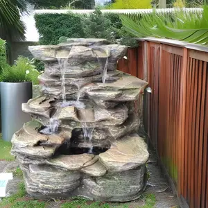 Fonte de água em cascata para jardim, pedra de rocha em poliresina, 4 camadas